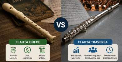 Comparaci&oacute;n entre flauta dulce y flauta traversa, mostrando sus diferencias, facilidad de aprendizaje, precio y usos musicales.