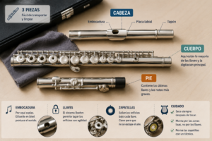 Partes de la flauta traversa con sus piezas principales, embocadura, llaves, zapatillas y cuidados básicos.