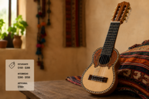 Charango de madera para principiantes, con diez cuerdas y clavijas mec&aacute;nicas, ideal para empezar a aprender.