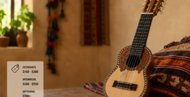 Charango de madera para principiantes, con diez cuerdas y clavijas mec&aacute;nicas, ideal para empezar a aprender.