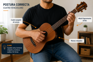 Postura correcta para sujetar un cuatro venezolano sentado, con el instrumento apoyado sobre la pierna derecha y el m&aacute;stil ligeramente elevado.