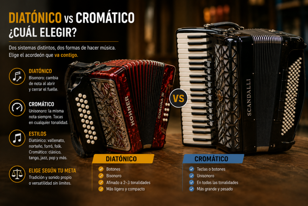 Comparación entre acordeón diatónico y cromático, mostrando sus diferencias, tipos de teclado y principales usos musicales.