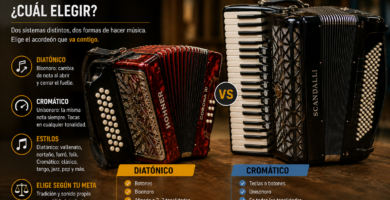 Comparación entre acordeón diatónico y cromático, mostrando sus diferencias, tipos de teclado y principales usos musicales.