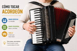 Persona aprendiendo a tocar el acordeón, practicando la mano derecha, la mano izquierda y el fuelle paso a paso.