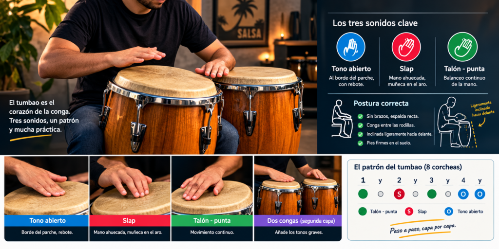 Percusionista practicando el tumbao en la conga, con ejemplos de tono abierto, slap, talón-punta, postura y patrón rítmico.