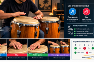 Percusionista practicando el tumbao en la conga, con ejemplos de tono abierto, slap, talón-punta, postura y patrón rítmico.