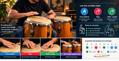 Percusionista practicando el tumbao en la conga, con ejemplos de tono abierto, slap, tal&oacute;n-punta, postura y patr&oacute;n r&iacute;tmico.