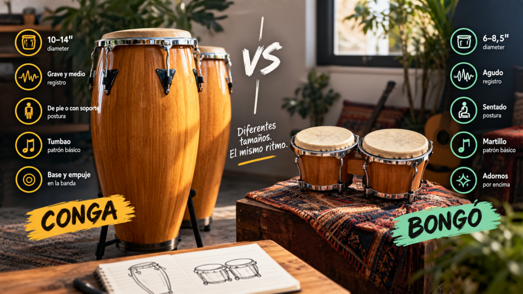 Comparación visual entre una conga y un bongó, mostrando sus diferencias de tamaño, registro, postura, patrón rítmico y función en la música.