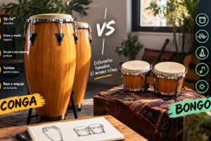 Comparación visual entre una conga y un bongó, mostrando sus diferencias de tamaño, registro, postura, patrón rítmico y función en la música.