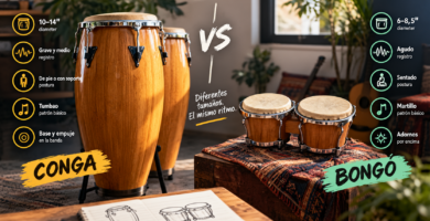 Comparaci&oacute;n visual entre una conga y un bong&oacute;, mostrando sus diferencias de tama&ntilde;o, registro, postura, patr&oacute;n r&iacute;tmico y funci&oacute;n en la m&uacute;sica.