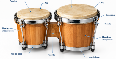 Bong&oacute; cubano de madera con sus partes se&ntilde;aladas: parche, aro, c&aacute;ncamos, tornillos de afinaci&oacute;n, casco, aro de base y puente que une el macho y la hembra.