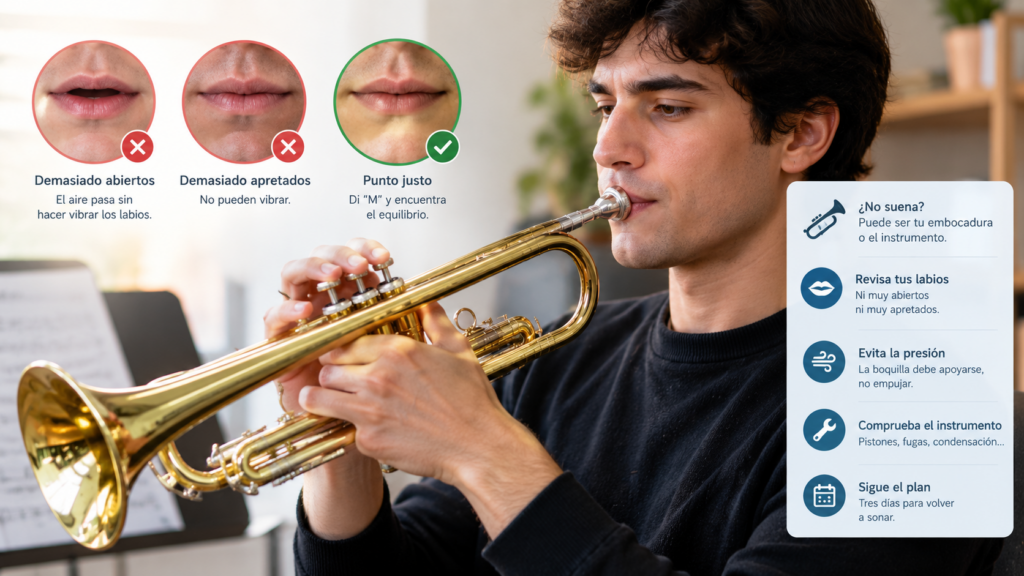 Trompetista principiante comprobando la embocadura y la presión de los labios para conseguir un sonido limpio en la trompeta.