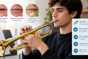 Trompetista principiante comprobando la embocadura y la presión de los labios para conseguir un sonido limpio en la trompeta.