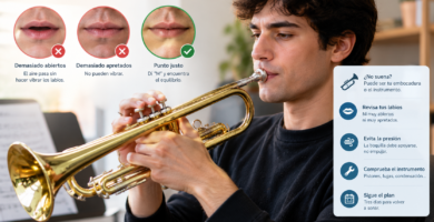 Trompetista principiante comprobando la embocadura y la presi&oacute;n de los labios para conseguir un sonido limpio en la trompeta.
