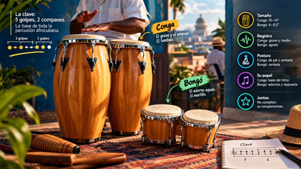 Instrumentos de percusión afrocubana como congas y bongó junto a un esquema de clave, mostrando la relación entre clave, tumbao, martillo y los principales ritmos de la música cubana.