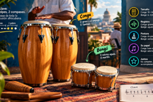 Instrumentos de percusión afrocubana como congas y bongó junto a un esquema de clave, mostrando la relación entre clave, tumbao, martillo y los principales ritmos de la música cubana.
