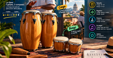 Instrumentos de percusi&oacute;n afrocubana como congas y bong&oacute; junto a un esquema de clave, mostrando la relaci&oacute;n entre clave, tumbao, martillo y los principales ritmos de la m&uacute;sica cubana.