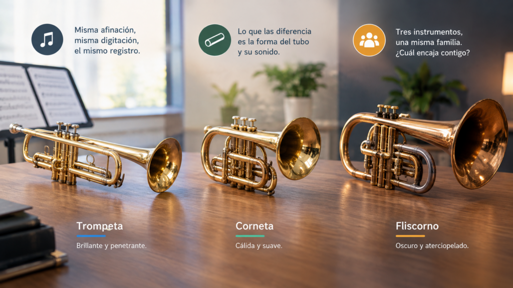 Comparación visual de una trompeta, una corneta y un fliscorno, mostrando sus diferencias de forma, sonido y características principales.