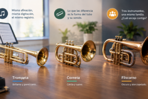 Comparación visual de una trompeta, una corneta y un fliscorno, mostrando sus diferencias de forma, sonido y características principales.