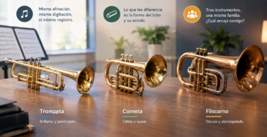 Comparaci&oacute;n visual de una trompeta, una corneta y un fliscorno, mostrando sus diferencias de forma, sonido y caracter&iacute;sticas principales.