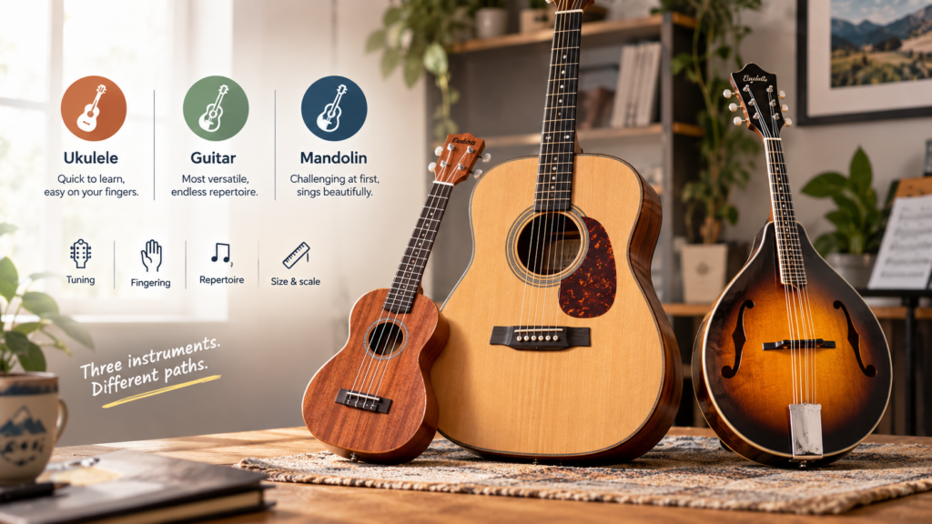 Comparación de ukelele, guitarra y mandolina según afinación, dificultad, tamaño, repertorio y facilidad para principiantes.
