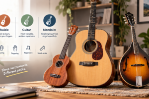 Comparación de ukelele, guitarra y mandolina según afinación, dificultad, tamaño, repertorio y facilidad para principiantes.