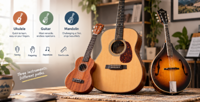 Comparación de ukelele, guitarra y mandolina según afinación, dificultad, tamaño, repertorio y facilidad para principiantes.