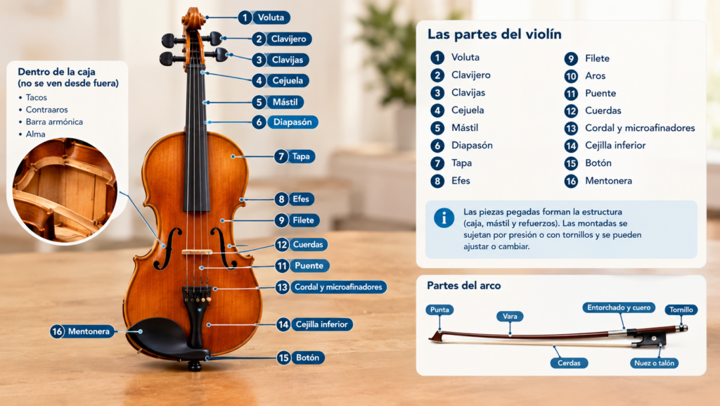 Partes del violín señaladas en español, incluyendo voluta, clavijas, mástil, diapasón, puente, cuerdas, cordal, mentonera, piezas internas y partes del arco.