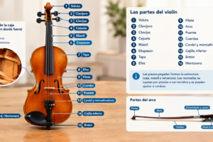 Partes del violín señaladas en español, incluyendo voluta, clavijas, mástil, diapasón, puente, cuerdas, cordal, mentonera, piezas internas y partes del arco.