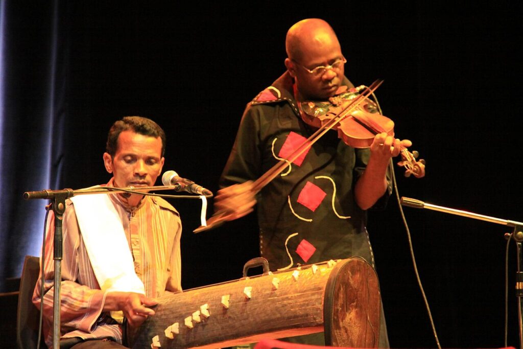 M&uacute;sico tocando una marovany, la c&iacute;tara de caja de Madagascar, junto a un violinista en concierto