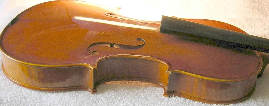 Viol&iacute;n de perfil: aros, tapa abombada y efe por la que se ve el alma