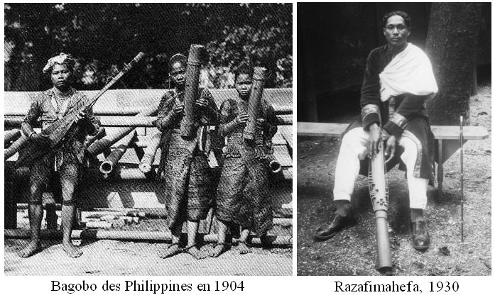 Mujeres bagobo de Filipinas con c&iacute;taras de tubo en 1904 junto al valihista malgache Razafimahefa en 1930