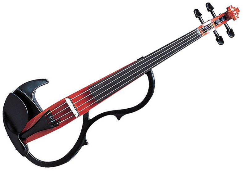Viol&iacute;n silencioso Yamaha con cuerpo esquel&eacute;tico rojo y negro, sin caja de resonancia